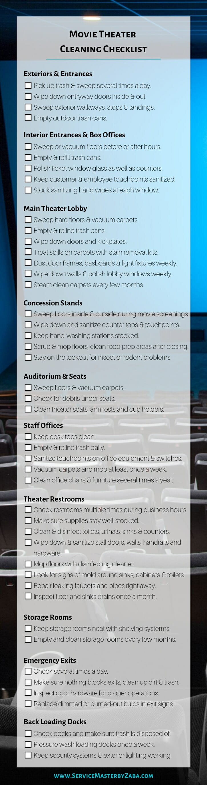 movie theater cleaning checklist