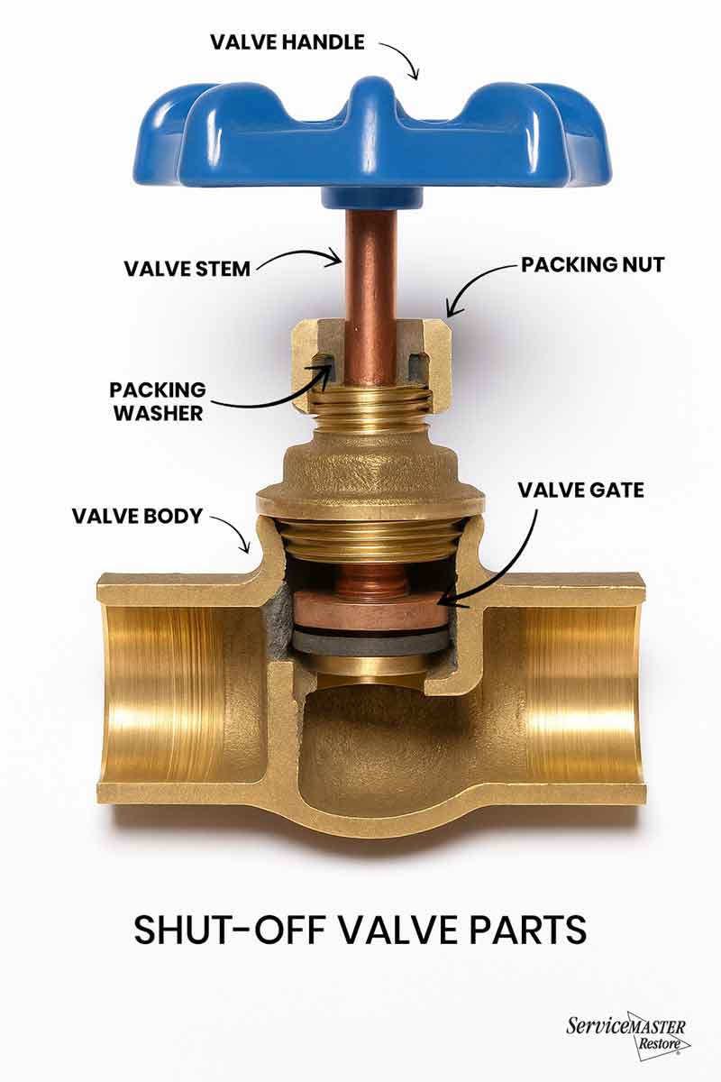 A cross-section diagram of a shut-off valve showing its internal components